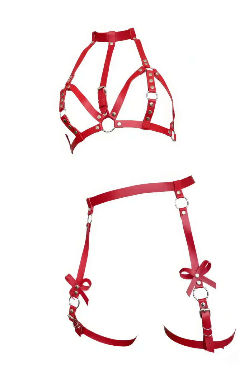 Red Faux Leather High-Collar Body Harness and Detachable Leg Garter Set with Bows and Silver Hardware