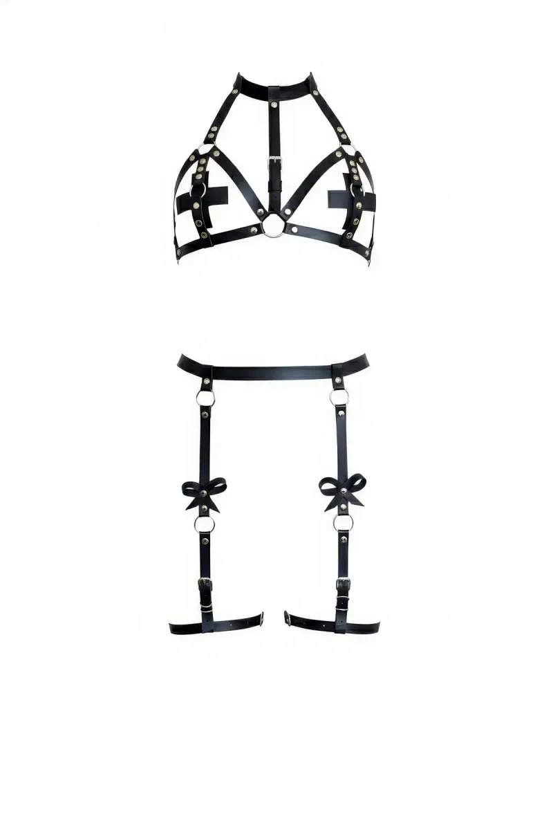 Black Faux Leather Caged Harness Bra and Bow Leg Garters Set High Neck Style