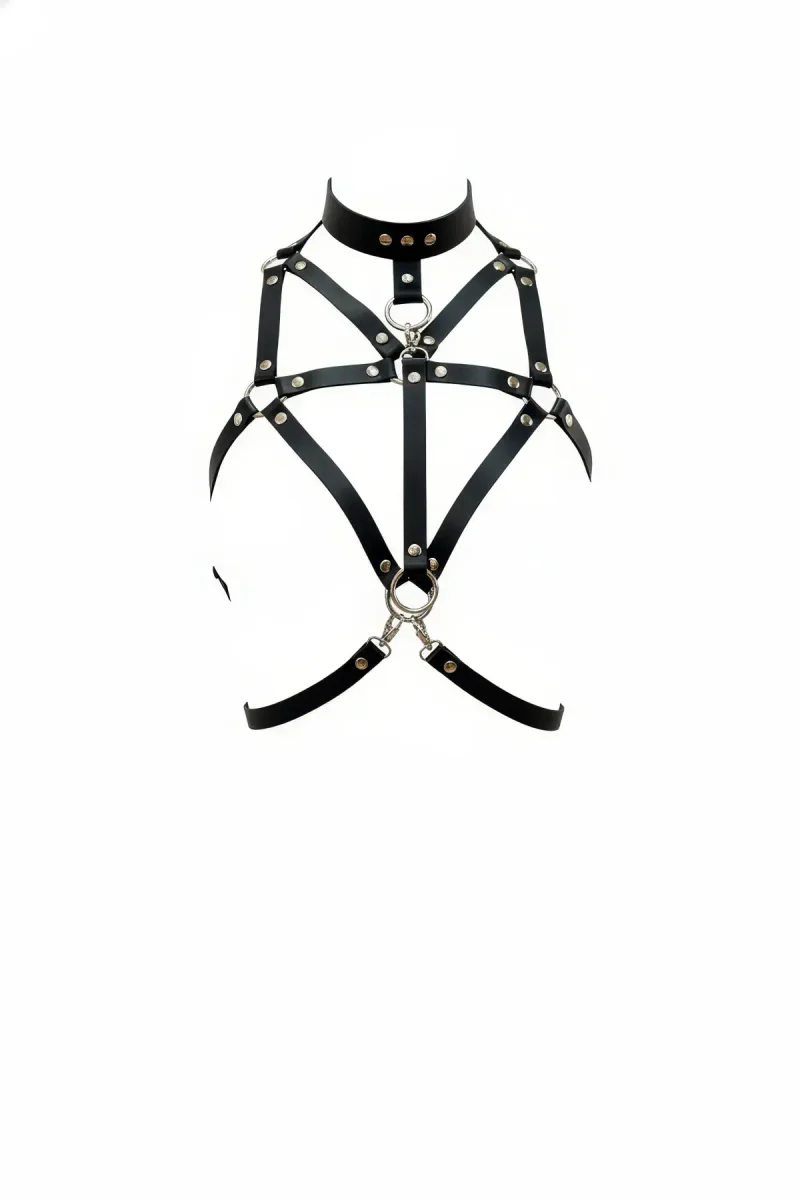 Black Faux Leather Chest Harness High Collar Cage Straps Women Adjustable