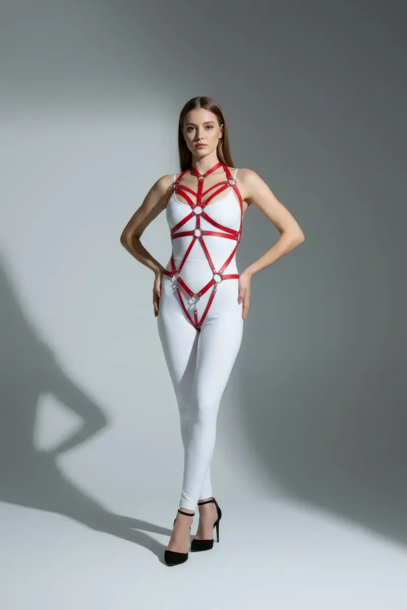 Red Leather Body Harness with Adjustable Metal Rings