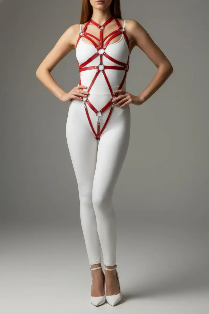 Red Leather Body Harness with Adjustable Metal Rings