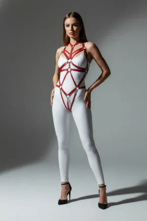 Red Body Harness Leather with Metal Ring Detail - APFT316