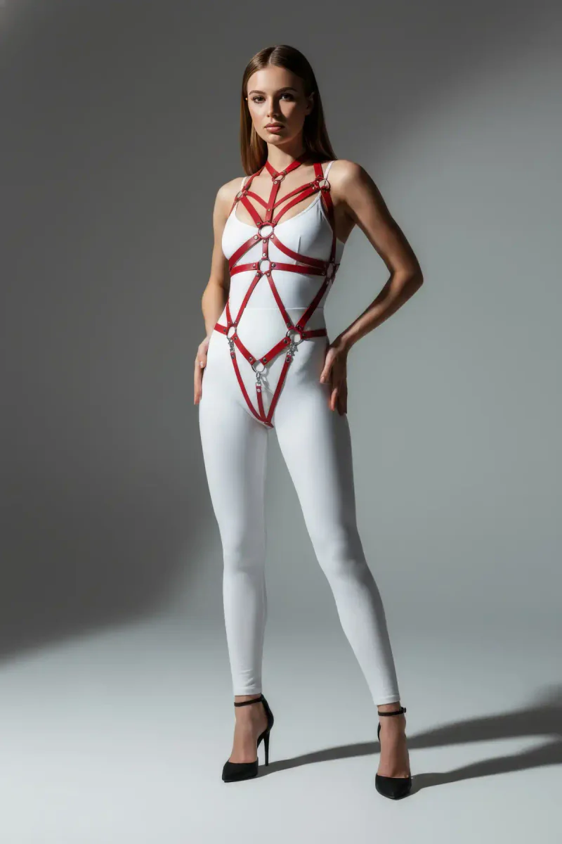 Red Leather Body Harness with Adjustable Metal Rings
