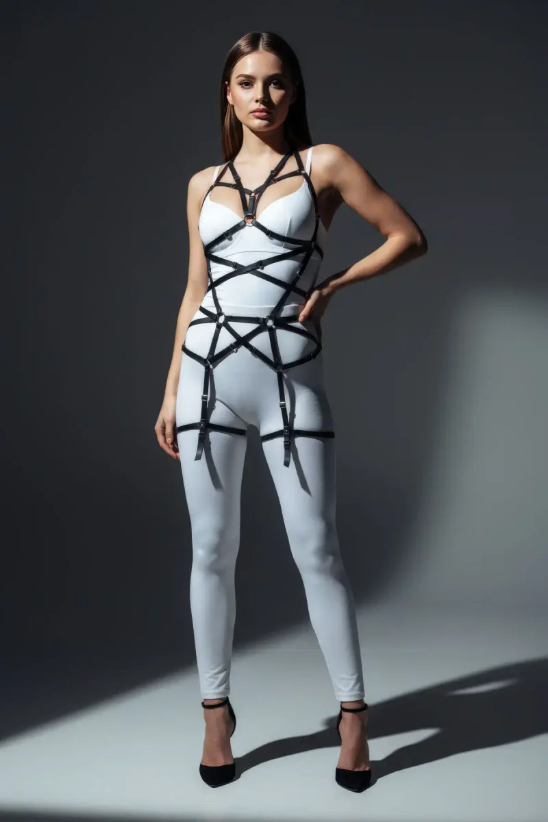 Black Leather Body Harness Strappy Fashion Accessory