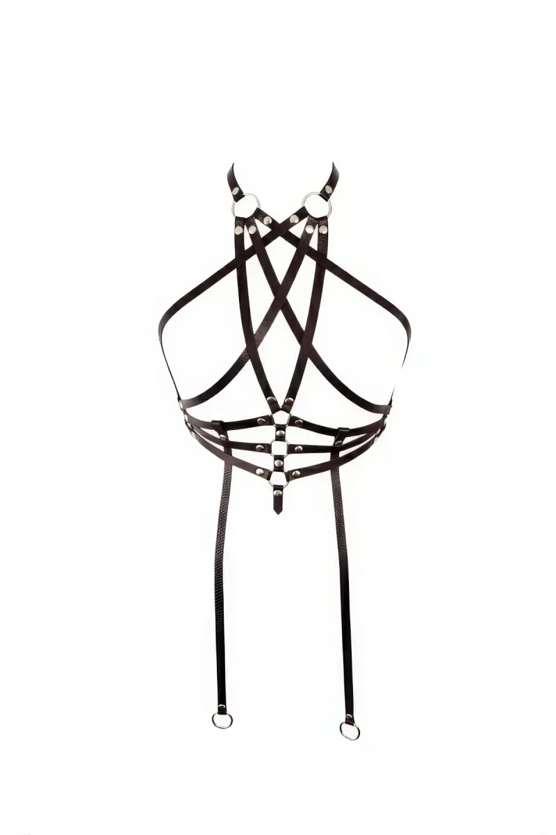 Black Faux Leather High Neck Chest Harness with Garter Straps