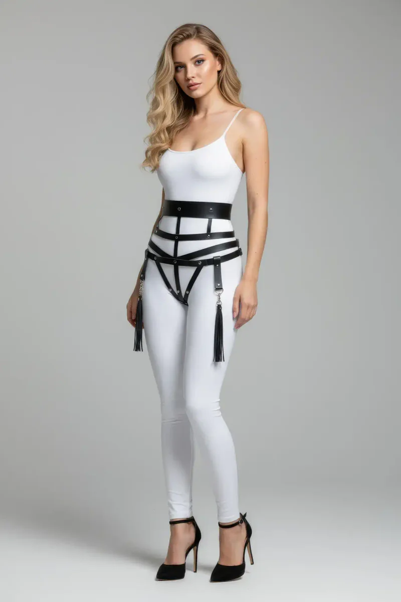 Black vegan leather waist harness with faux leather