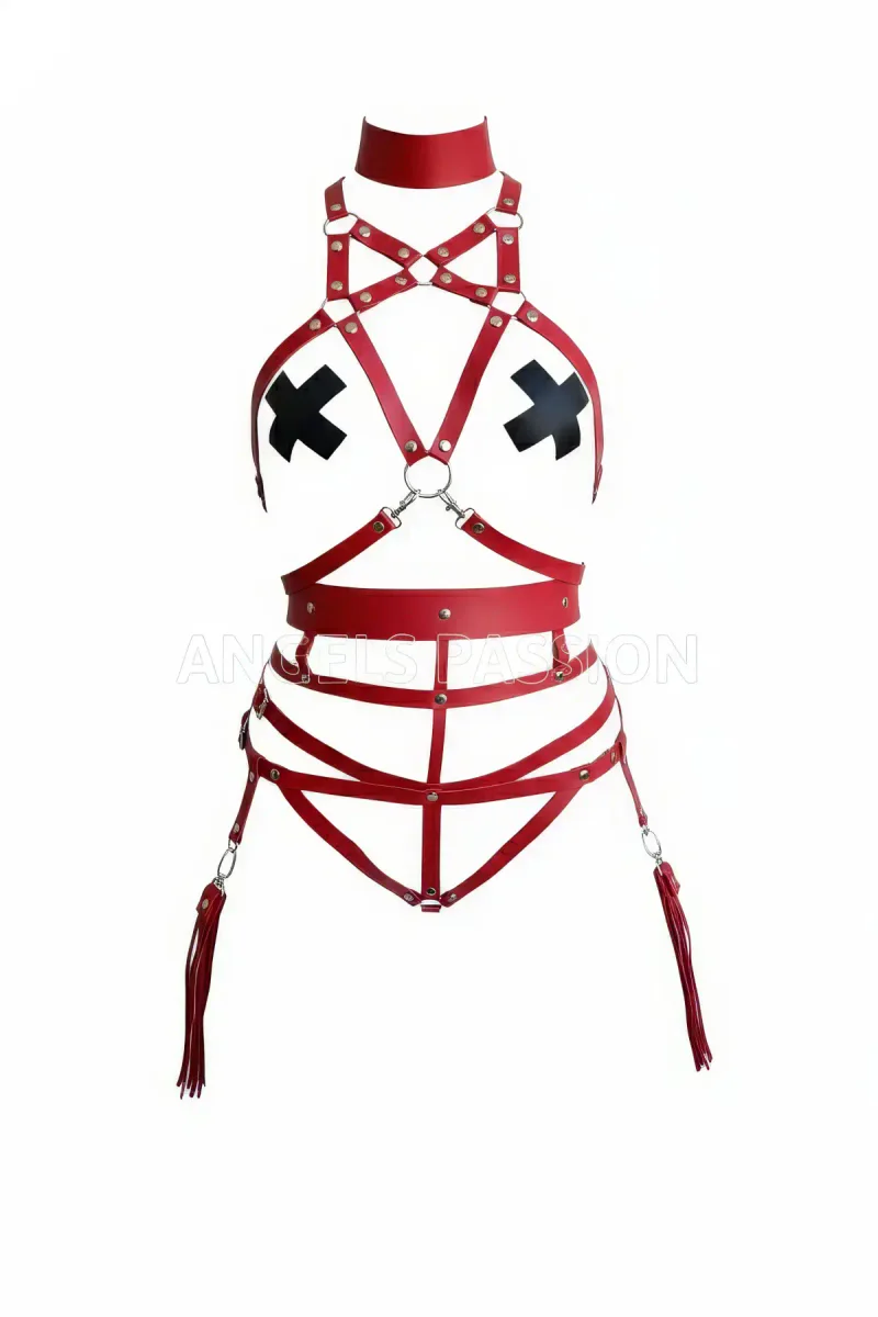 Red Faux Leather Full Body Harness Choker Leg Straps with Tassels