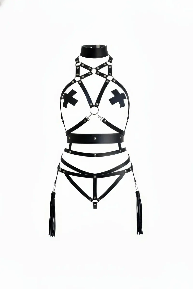 Black Vegan Leather Full Body Harness with High Choker Collar and Chest Cross Straps