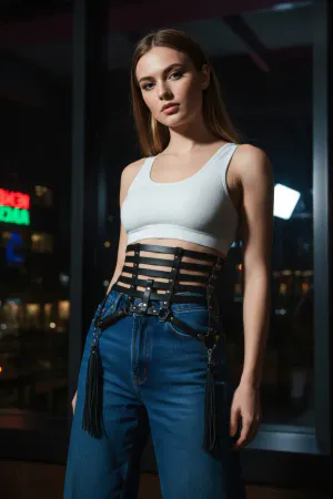 Black Women's Belt Multi-Layered Waist Accessory with Staple Detail - APFT408