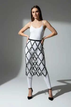 Harness Skirt Black Faux Leather Overlay Midi Length