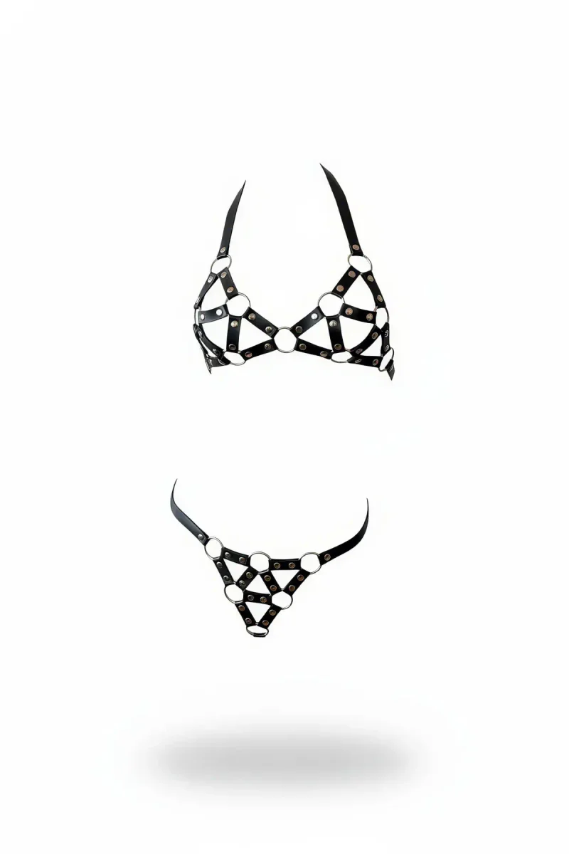 Black Faux Leather Caged Bralette and Thong Harness Set with Silver O-Rings