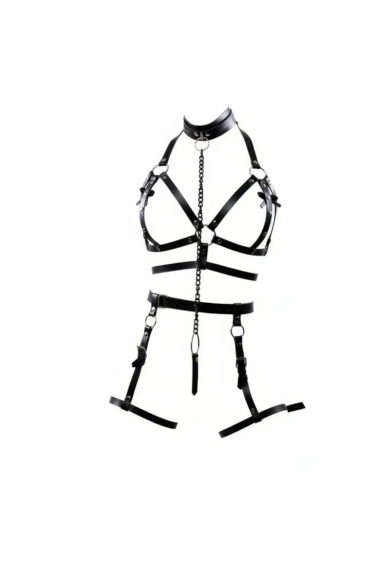 Black Faux Leather Full Body Harness with Chain Detail and Garter Straps