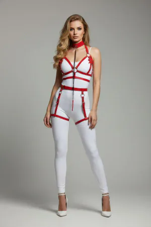 Red Harness Suit Chain Detailed Leather Body Belt Set - APFT457