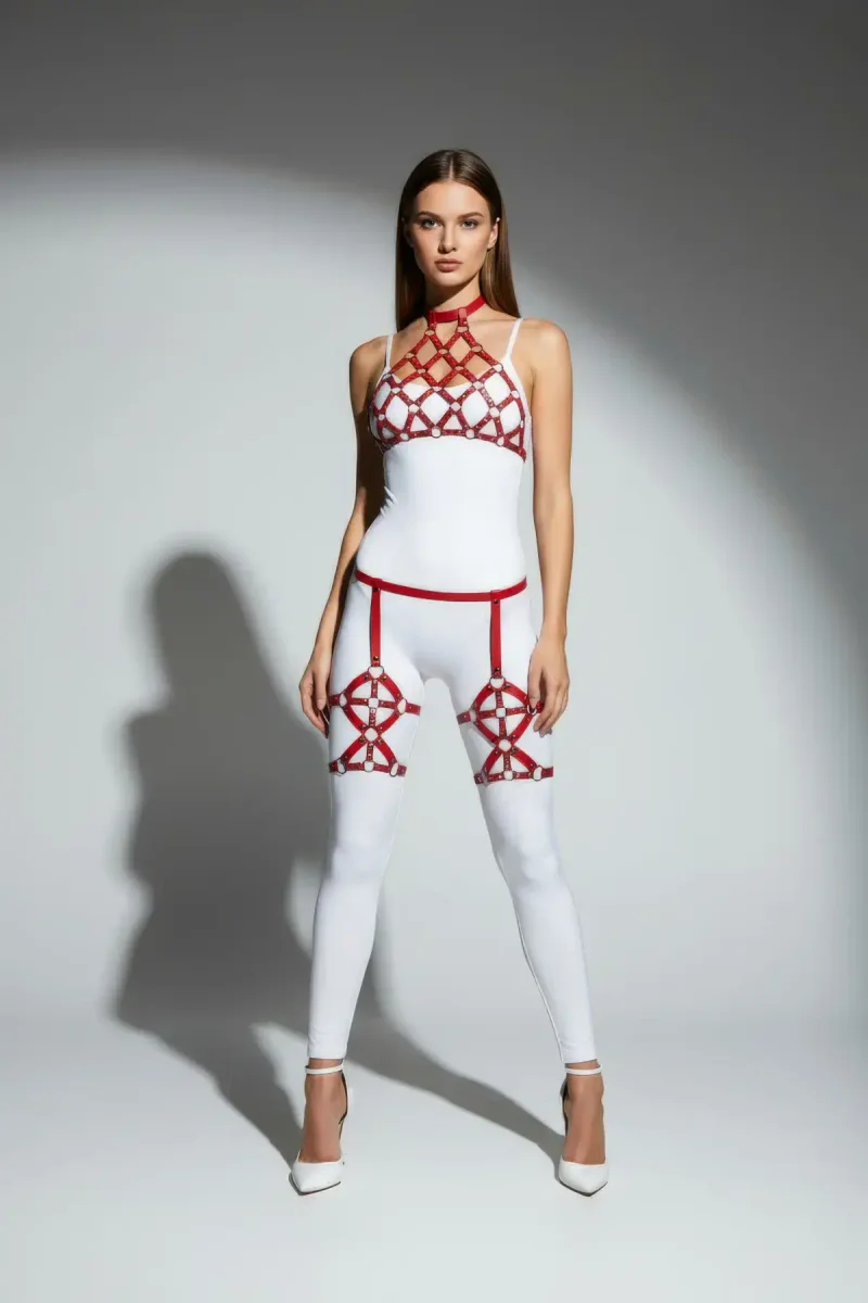 Red Vegan Leather Full Body Harness Women Caged Design O-Ring Details