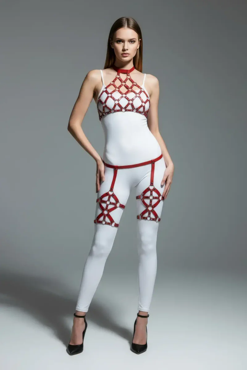 Vegan Leather Chest Cage Harness Red Close