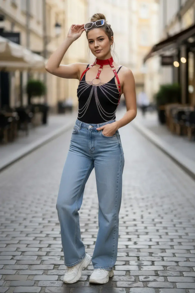Red Women's Belt Chain Detailed Metal Ring Body Accessory - APFT463