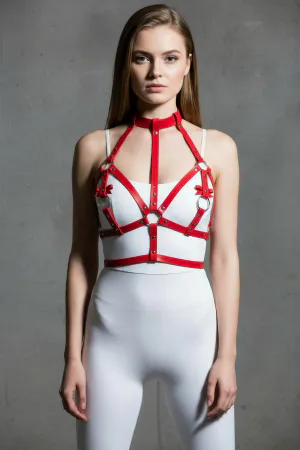 Red Chest Harness with Shiny Leather Neck Collar Detail - APFT473