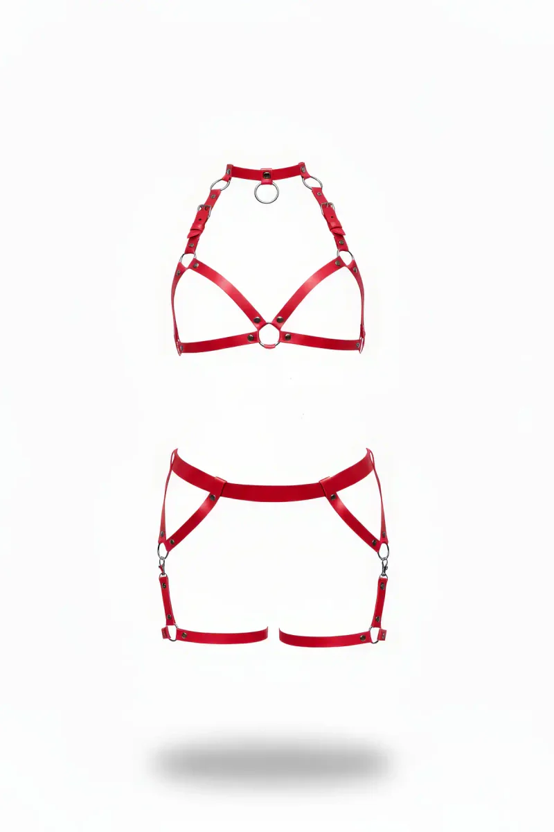 Red Faux Leather Halter Harness and Garter Shorts Set with Silver O-Rings