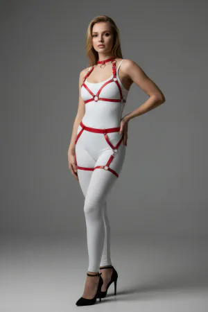 Red Harness Suit Leather Metal Ring Detailed Body Accessory - APFT478