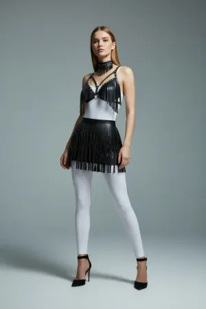 Fringe Faux Leather Skirt Black Mini for Women Party