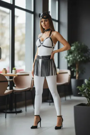 Faux Leather Fringe Skirt - Black Mini Waist Belt Skirt for Women