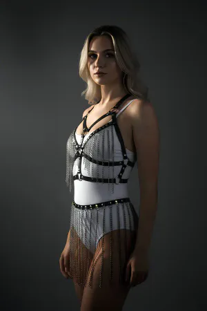 Chain Harness Skirt Set with Dazzling Silver Fringe Accents
