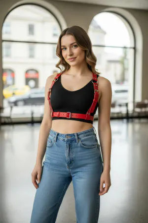Red Women's Belt Leather Body Accessory with Multiple Buckles - APFT529