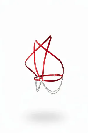 Red Faux Leather Chest Harness with criss-cross straps and silver chain detail