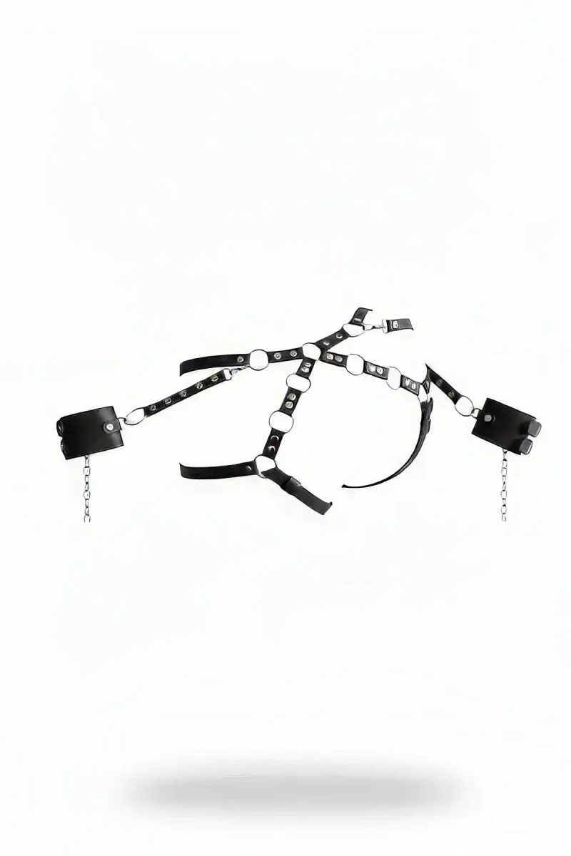 Black Faux Leather Chest Harness with Detachable Cuff Chains and Silver O-Rings