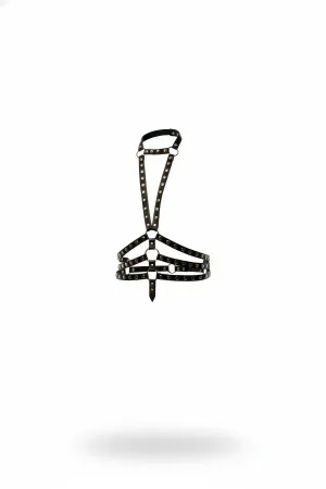 Black Faux Leather Studded Chest Harness with Silver O-Rings and Adjustable Straps