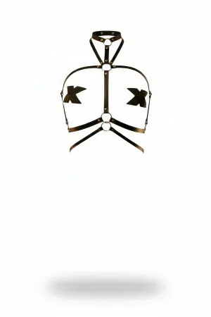 Black Faux Leather Strappy Chest Harness Adjustable O-Rings