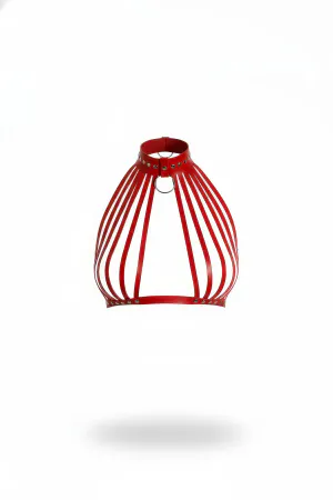 Red Faux Leather High Neck Cage Chest Harness with Silver Studs and O-Ring