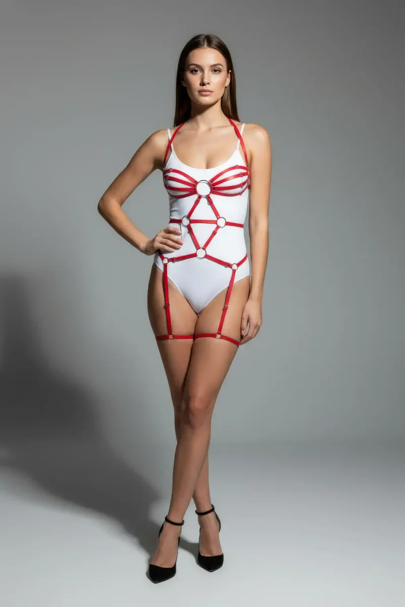Red Body Harness with Adjustable O-Ring Straps & Garter Detail
