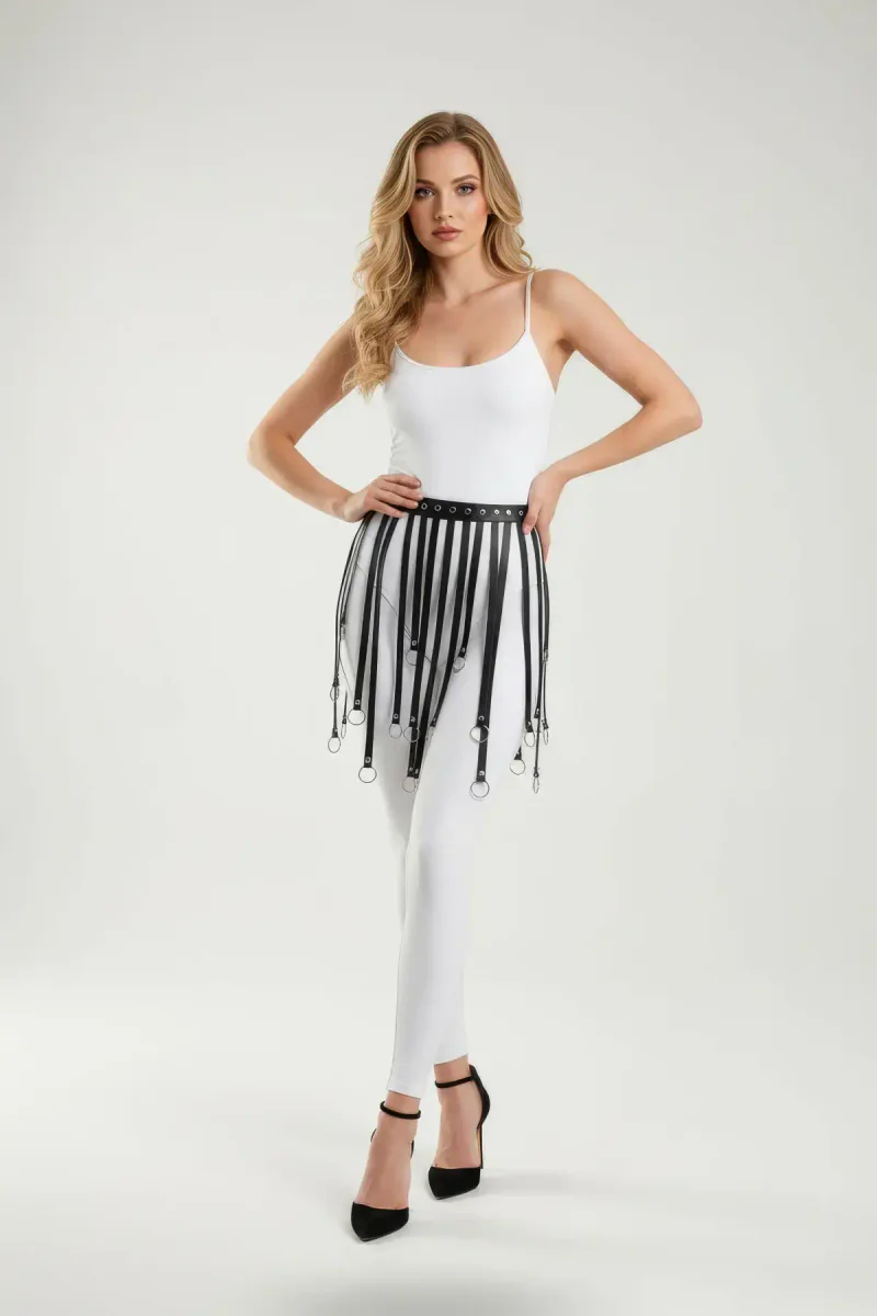 Black Skirt Faux Leather Skirt Ringed Skirt with Ribbon Detail - APFT579