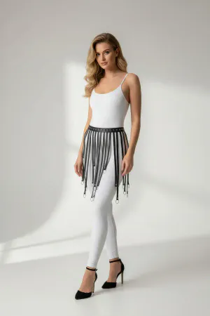 Black Skirt Faux Leather Skirt Ringed Skirt with Ribbon Detail - APFT579