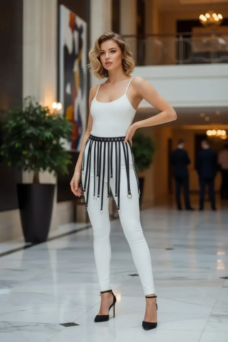 Black Skirt Faux Leather Skirt Ringed Skirt with Ribbon Detail - APFT579