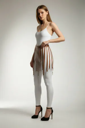 Tan Skirt Leather Striped Hoop Detailed Skirt Mini Skirt - APFT579