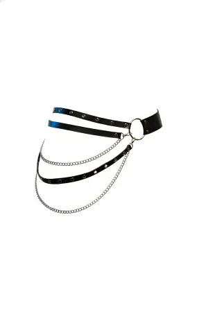 Black Faux Leather Waist Harness with Triple Silver Chains and O-Ring Buckle