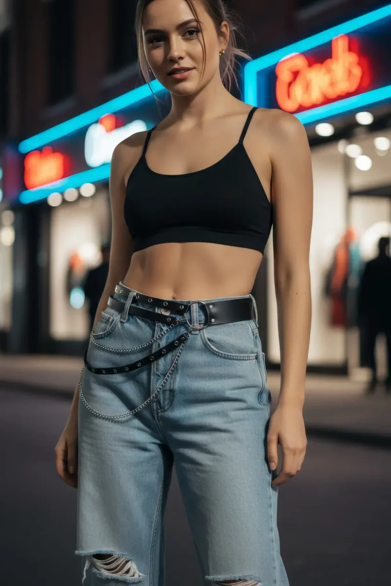 Woman wearing black faux leather waist harness with