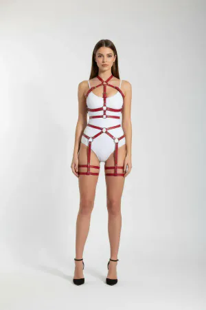 Red Harness Suit with Body Bandage and Metal Ring Detail - APFT598