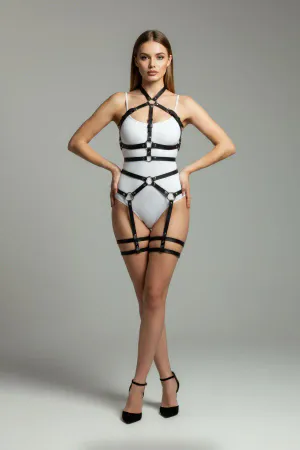 Black Harness Set Metal Ring Detailed Body Belt Set - APFT598