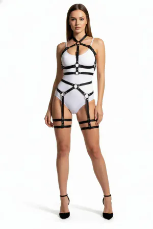 Black Harness Set Metal Ring Detailed Body Belt Set - APFT598