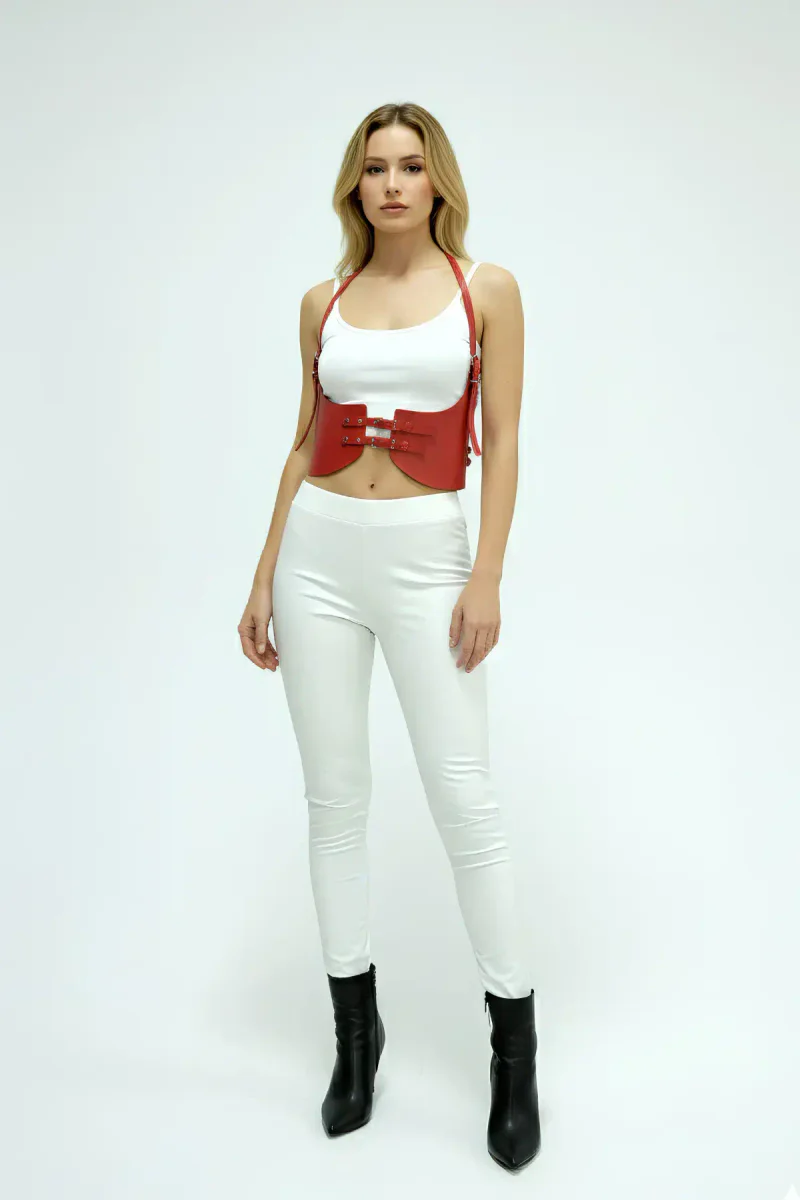Festival top red faux leather underbust harness