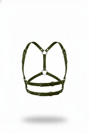 Olive Green Faux Leather Body Harness with Dual Adjustable Ribcage Straps and Silver O-Rings