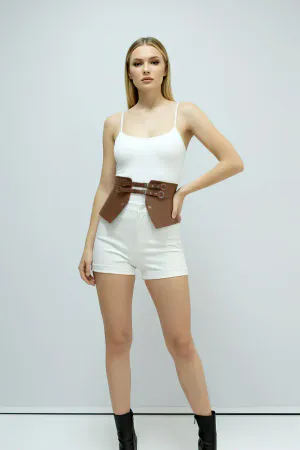 Tan Women's Belt Faux Leather Double Buckle Thick Belt - APFT611