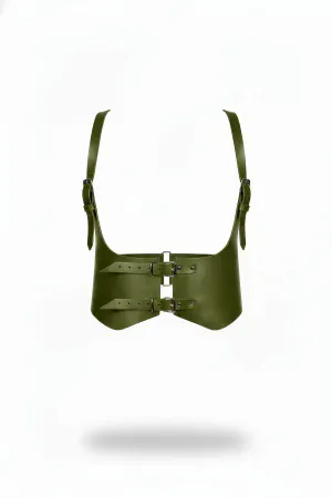 Olive Green Faux Leather Underbust Corset Harness Adjustable Shoulder Straps Front Buckles