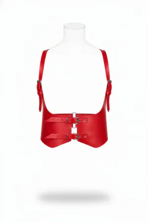 Red Faux Leather Waist Shaping Harness Shoulder Straps Front View