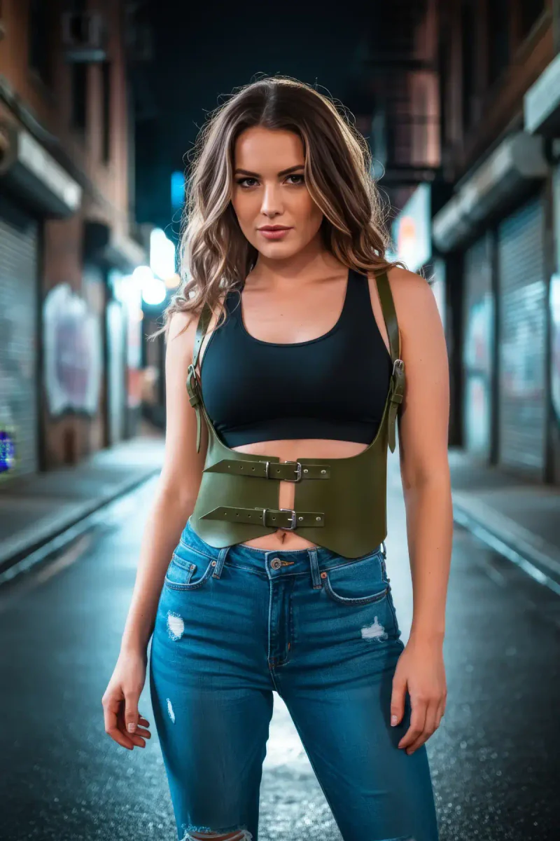 Olive vegan leather harness top