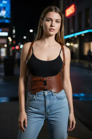 Tan Women's Belt Wide Leather Corset Waist Accessory with Buckle - APFT612