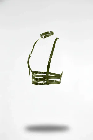 Khaki Multi-Strap Body Harness Faux Leather Adjustable Choker and Underbust Straps Front View